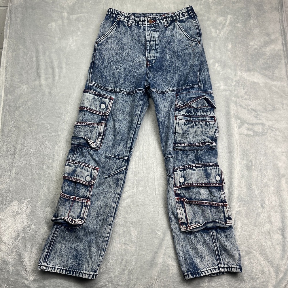 MNML Cargo Jeans Womens 29 (30x31) Blue Acid Wash Denim‎ Relaxed Fit Streetwear